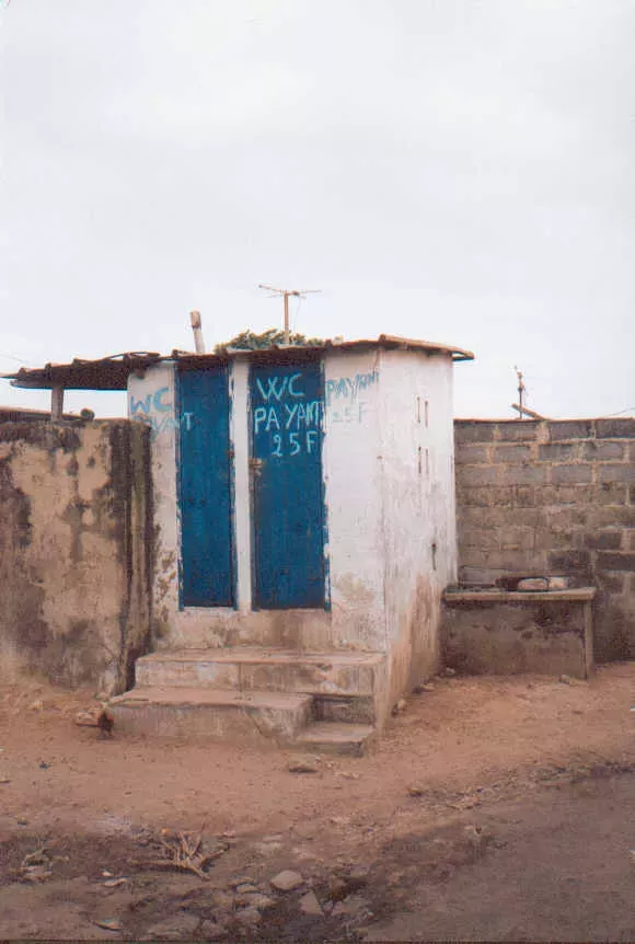 A small, weathered concrete structure with two blue doors and "WC" painted on the wall. It sits on a raised platform with steps, adjacent to a rough brick wall, reminiscent of secluded corners found in countries like Mongolia and the Ivory Coast.