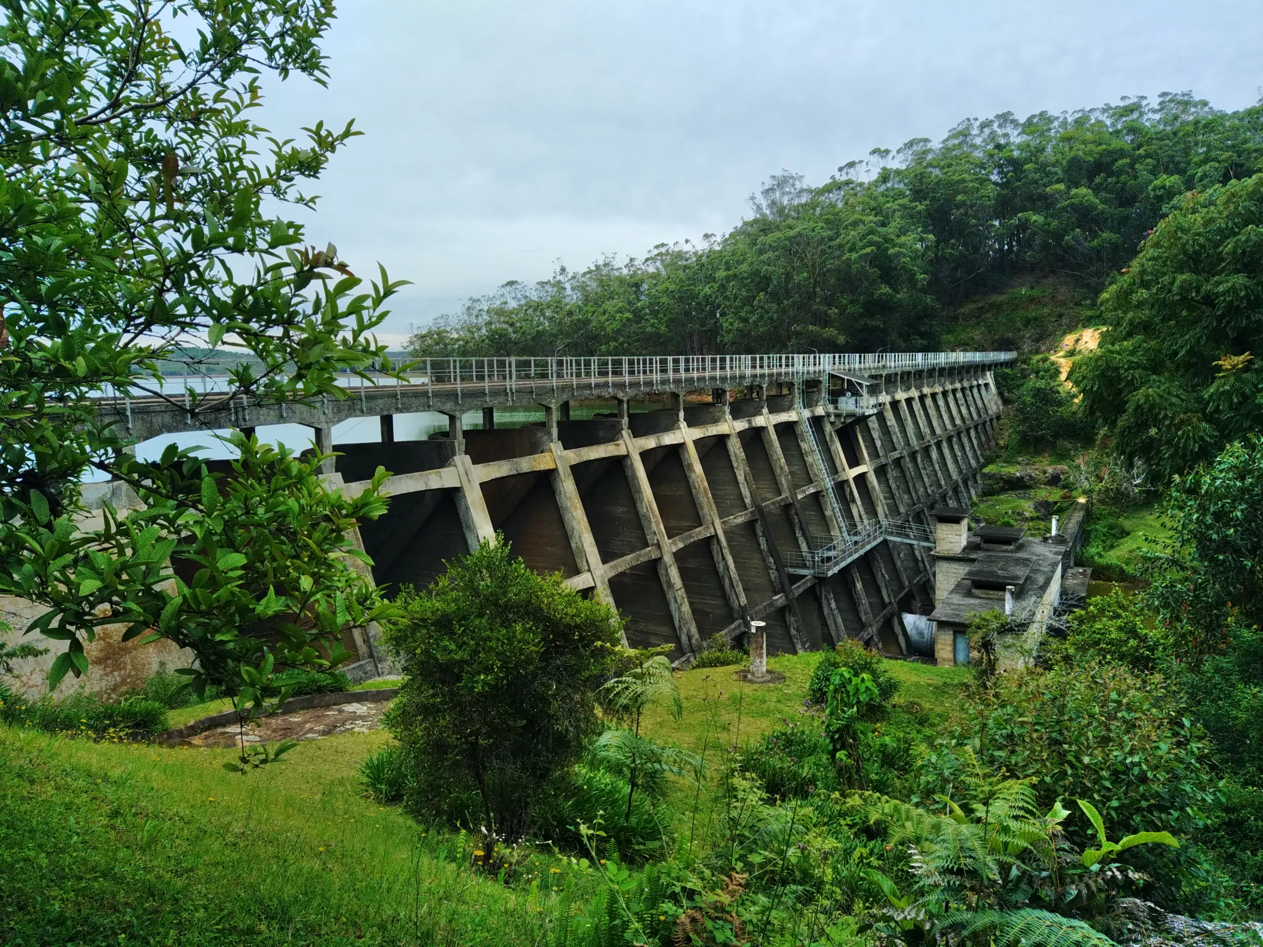 A concrete dam structure spans a lush green area with dense trees and vegetation on both sides under a cloudy sky.